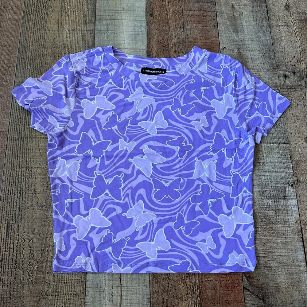 Purple Butterfly Print Womens T-Shirt By Streetwear Society L Size Spandex
